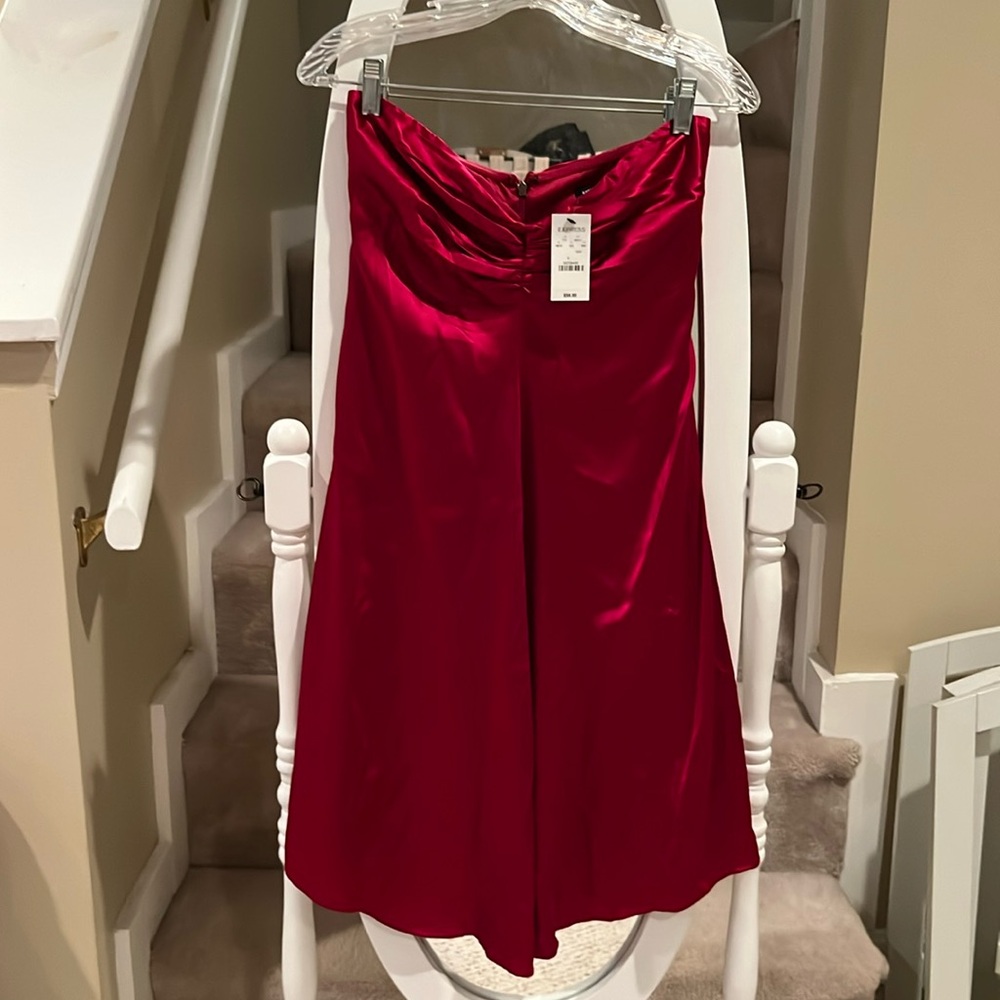 NWT silk crimson red express strapless dress.
